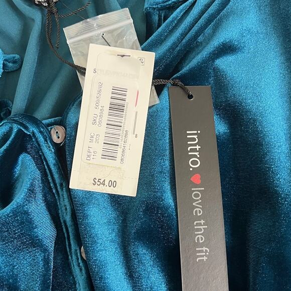 Intro Womens Tunic 2X Dark Teal Velvet Split Neck Long Sleeve Stretch Jewel Tone - Picture 8 of 8